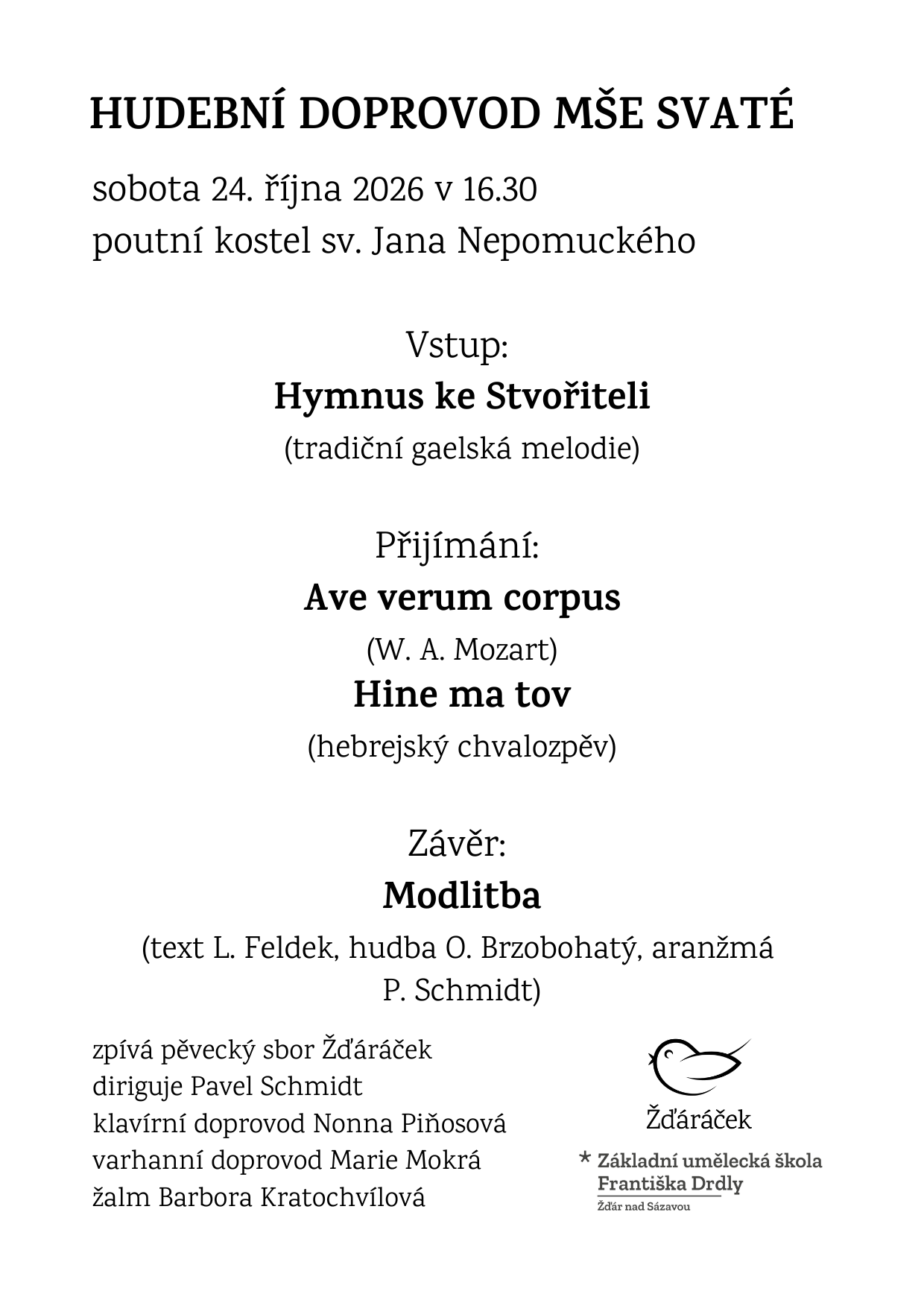 Program vystoupení sboru Žďáráček na Zelené hoře
